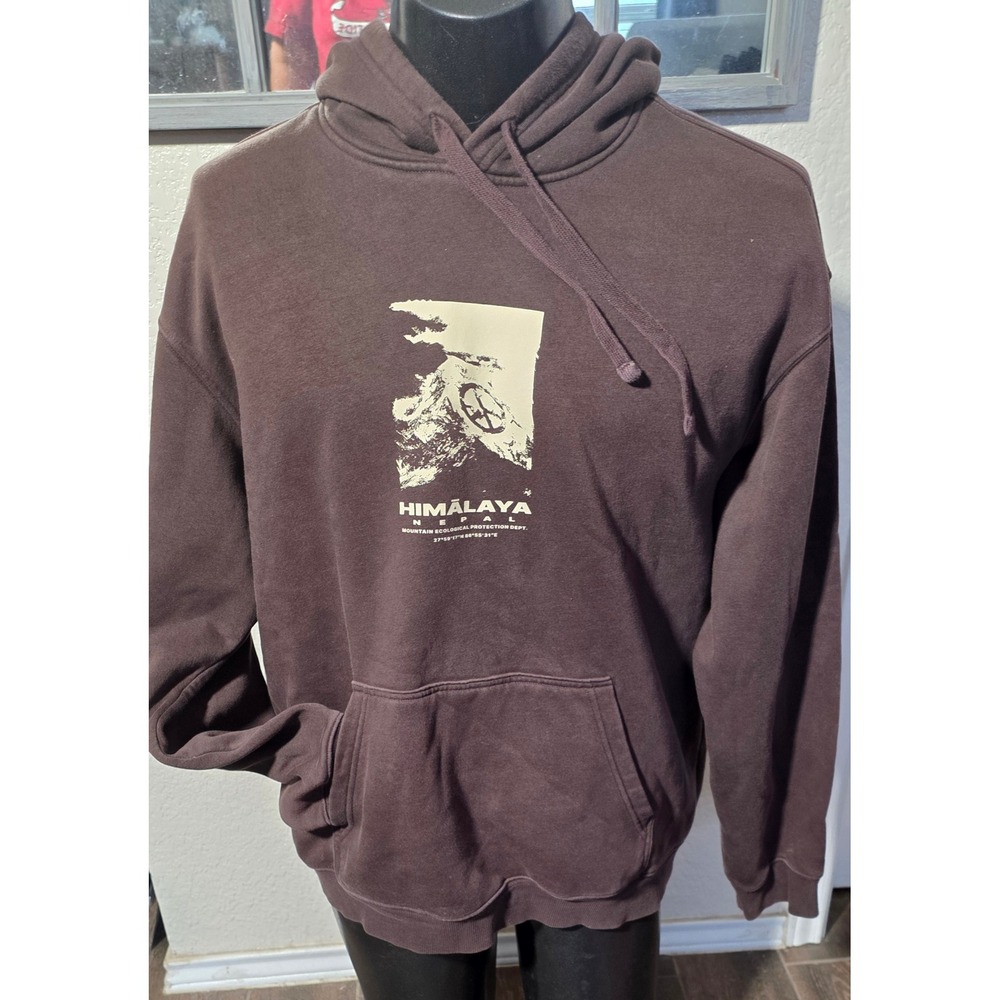 HM Mens Relaxed Fit Himalaya Nepal Graphic Hoodie Brown Sweatshirt Large